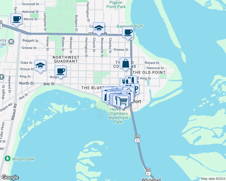 map of restaurants, bars, coffee shops, grocery stores, and more near in Beaufort