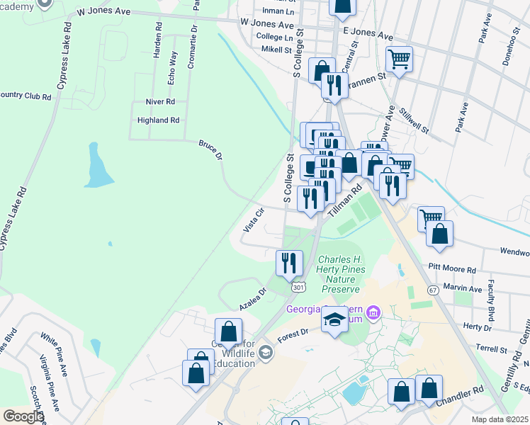map of restaurants, bars, coffee shops, grocery stores, and more near 211 Vista Circle in Statesboro