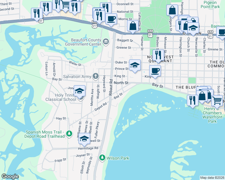 map of restaurants, bars, coffee shops, grocery stores, and more near 514 Ribaut Road in Beaufort