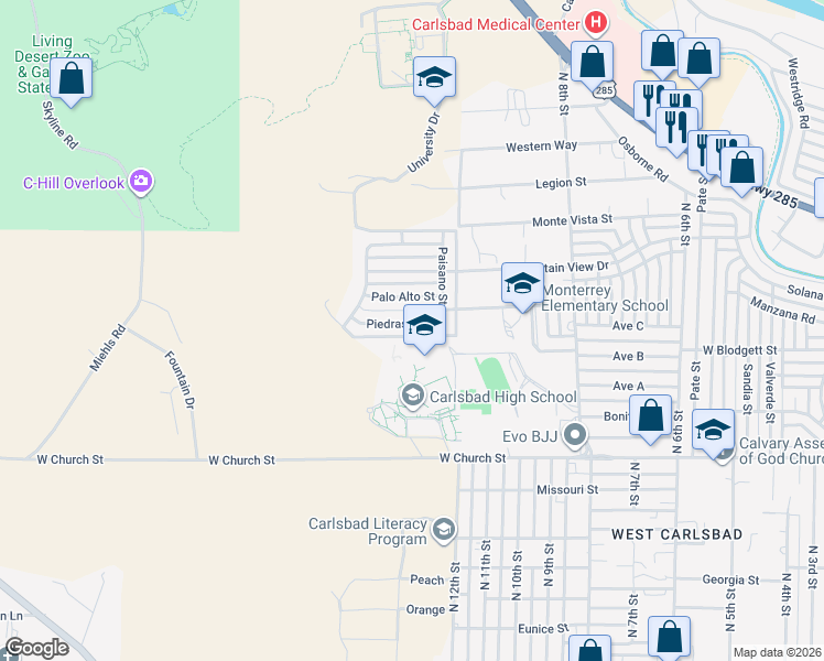 map of restaurants, bars, coffee shops, grocery stores, and more near 2919 Piedras Road in Carlsbad