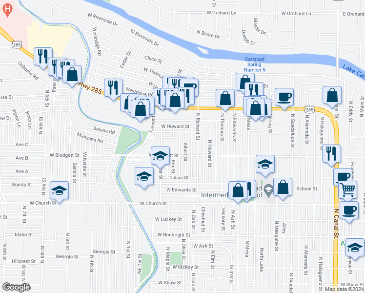 map of restaurants, bars, coffee shops, grocery stores, and more near 1007 Albert Street in Carlsbad