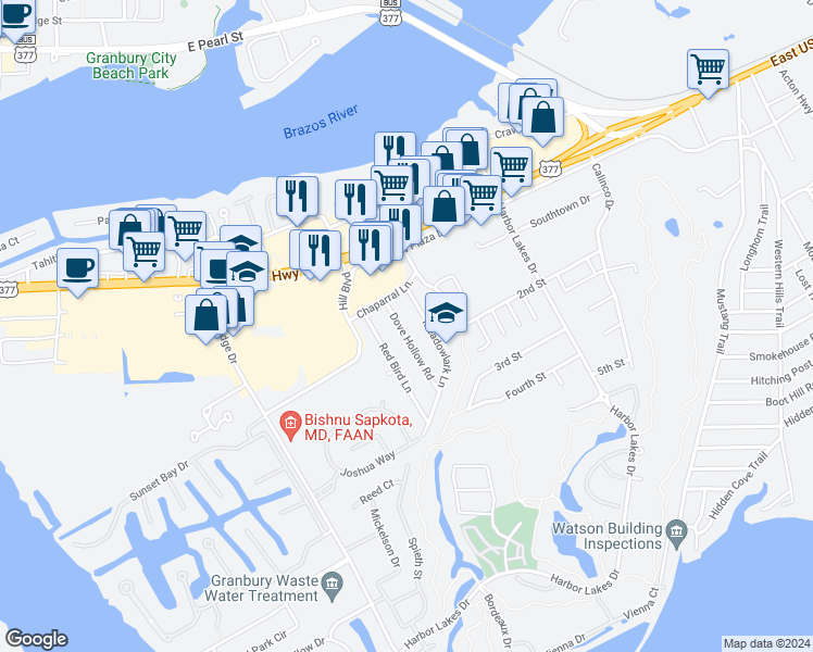map of restaurants, bars, coffee shops, grocery stores, and more near 1109 Dove Hollow Road in Granbury