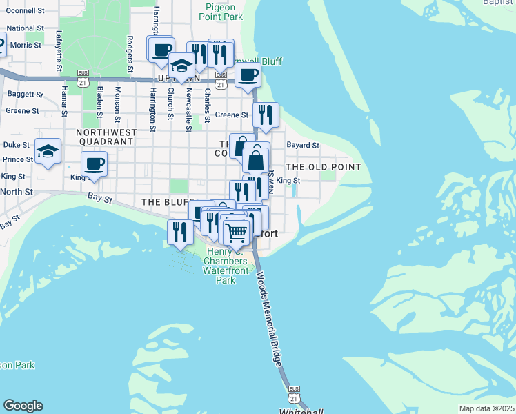 map of restaurants, bars, coffee shops, grocery stores, and more near 401 Carteret Street in Beaufort