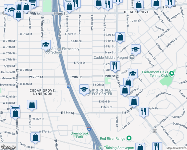 map of restaurants, bars, coffee shops, grocery stores, and more near 7817 Fairfield Avenue in Shreveport