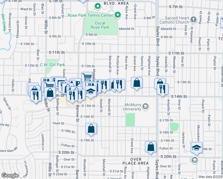 map of restaurants, bars, coffee shops, grocery stores, and more near 1349 Marshall Street in Abilene