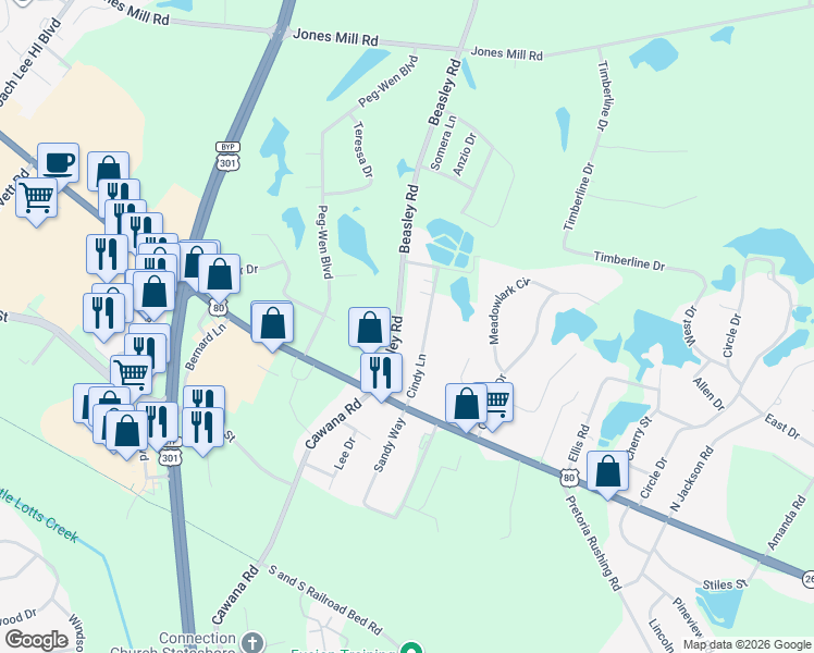 map of restaurants, bars, coffee shops, grocery stores, and more near 114 Beasley Road in Statesboro