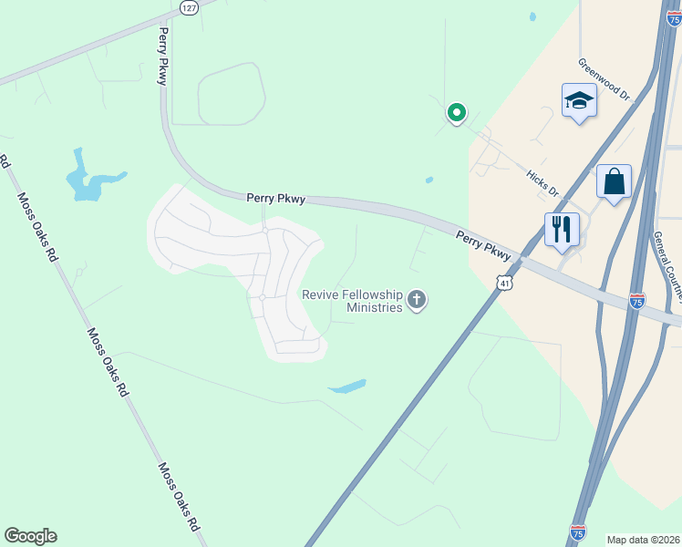 map of restaurants, bars, coffee shops, grocery stores, and more near 172 Moss Oaks Road in Perry