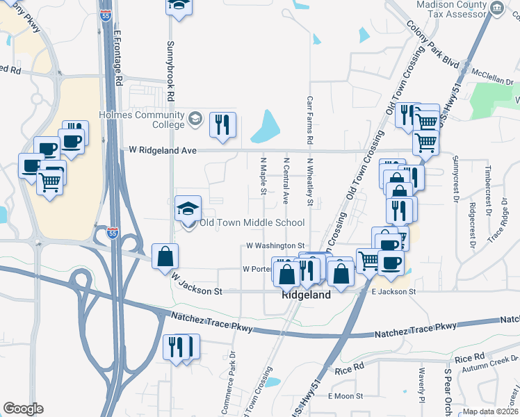 map of restaurants, bars, coffee shops, grocery stores, and more near 157 North Maple Street in Ridgeland
