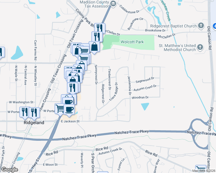 map of restaurants, bars, coffee shops, grocery stores, and more near 111 Timbercrest Drive in Ridgeland