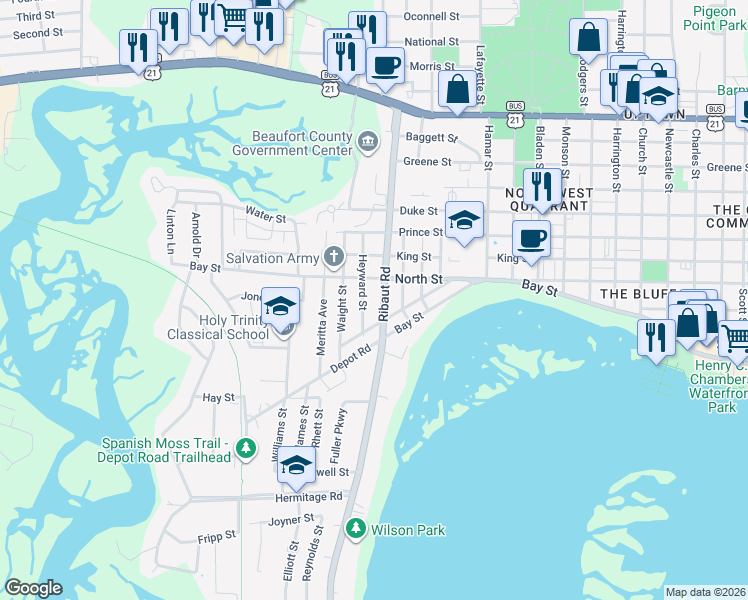 map of restaurants, bars, coffee shops, grocery stores, and more near 514 Ribaut Road in Beaufort