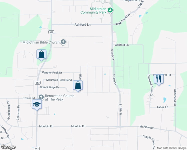 map of restaurants, bars, coffee shops, grocery stores, and more near 4613 Rambler Way in Midlothian