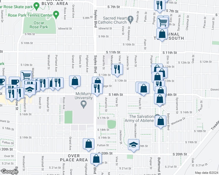 map of restaurants, bars, coffee shops, grocery stores, and more near 1341 Meander Street in Abilene