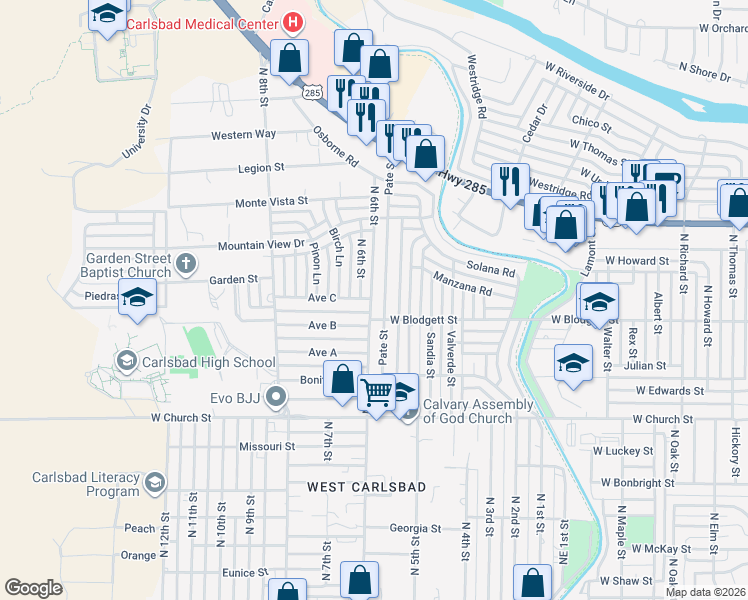 map of restaurants, bars, coffee shops, grocery stores, and more near 1003 North Pate Street in Carlsbad
