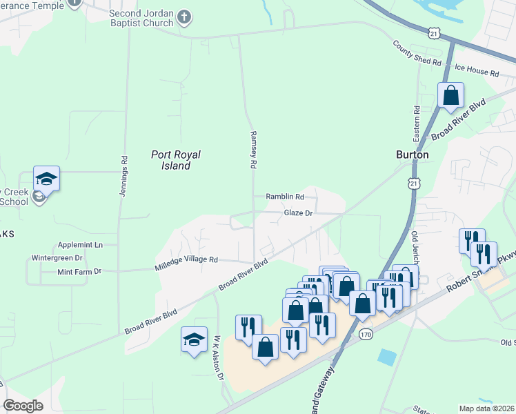map of restaurants, bars, coffee shops, grocery stores, and more near 52 Glaze Drive in Beaufort