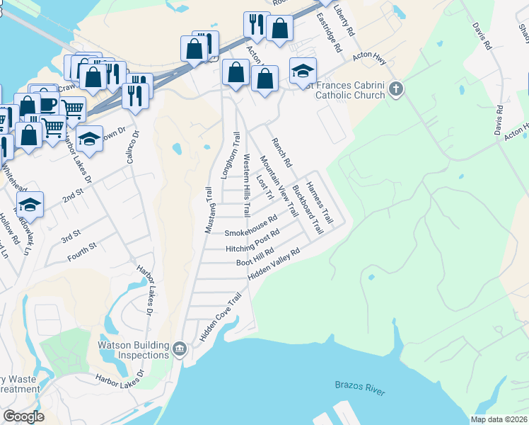 map of restaurants, bars, coffee shops, grocery stores, and more near 1809 Pioneer Road in Granbury