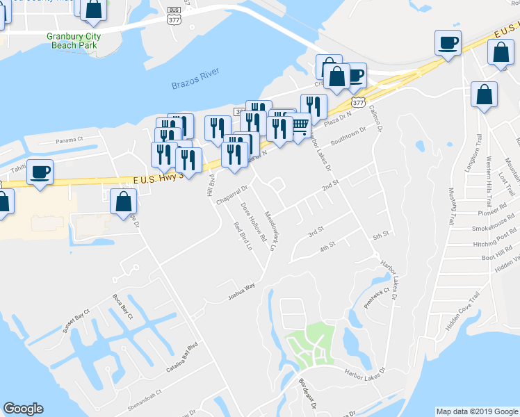 map of restaurants, bars, coffee shops, grocery stores, and more near 910 Meadowlark Lane in Granbury