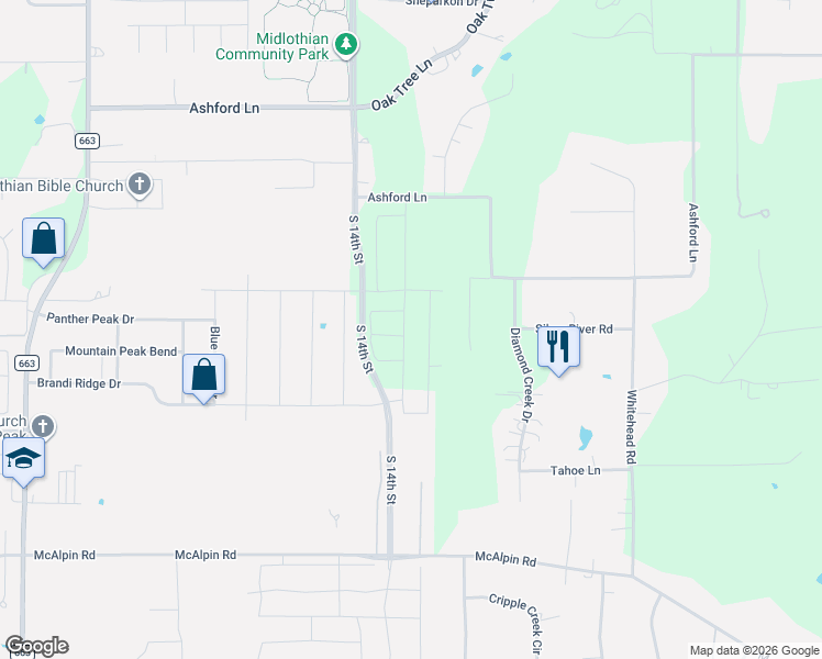 map of restaurants, bars, coffee shops, grocery stores, and more near 872 Ashford Lane in Midlothian