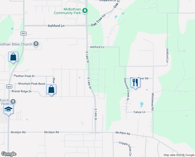 map of restaurants, bars, coffee shops, grocery stores, and more near 872 Ashford Lane in Midlothian