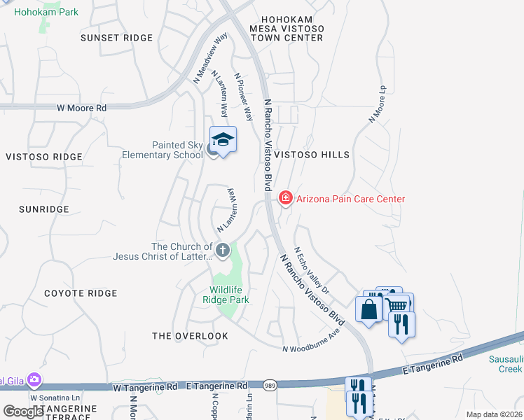 map of restaurants, bars, coffee shops, grocery stores, and more near 12475 North Rancho Vistoso Boulevard in Tucson