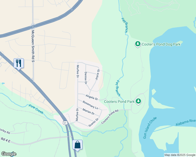map of restaurants, bars, coffee shops, grocery stores, and more near 222 Joyce Street in Prattville