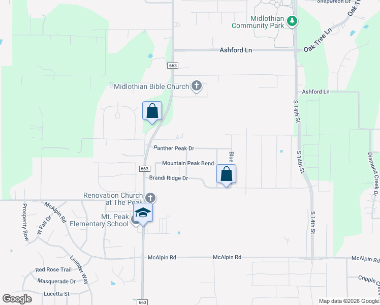 map of restaurants, bars, coffee shops, grocery stores, and more near 402 Panther Peak Dr in Midlothian
