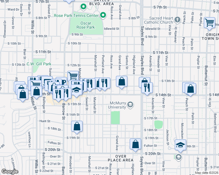 map of restaurants, bars, coffee shops, grocery stores, and more near 1342 Ross Avenue in Abilene