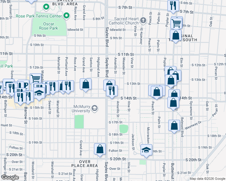map of restaurants, bars, coffee shops, grocery stores, and more near 1358 Amarillo Street in Abilene