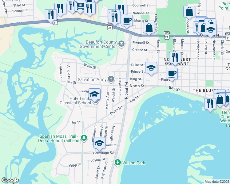 map of restaurants, bars, coffee shops, grocery stores, and more near 417 Waight St in Beaufort