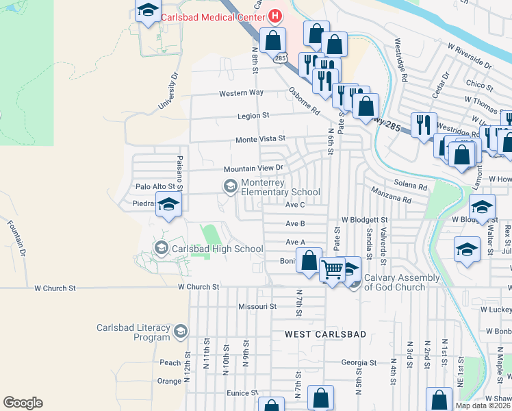 map of restaurants, bars, coffee shops, grocery stores, and more near 1005 North 8th Street in Carlsbad