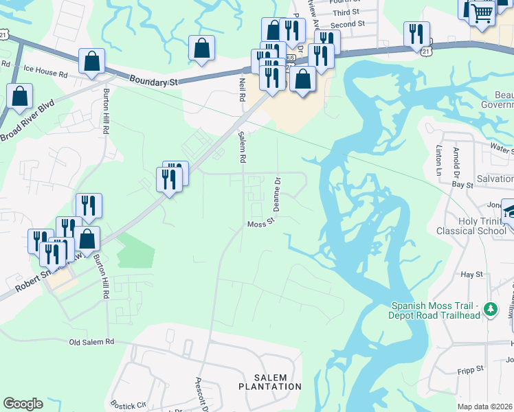 map of restaurants, bars, coffee shops, grocery stores, and more near 2106 Sunfish court in Beaufort