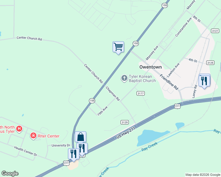 map of restaurants, bars, coffee shops, grocery stores, and more near 12351 Chapman Road in Tyler