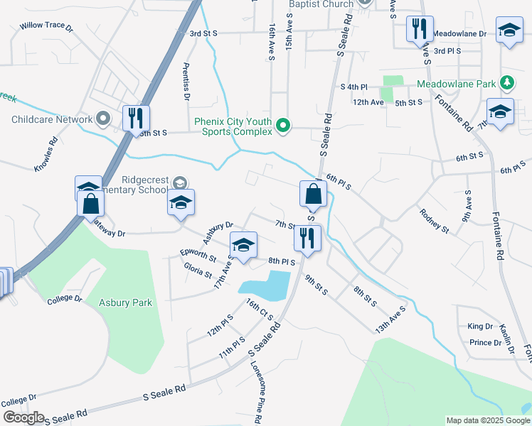 map of restaurants, bars, coffee shops, grocery stores, and more near 1606 7th St S in Phenix City