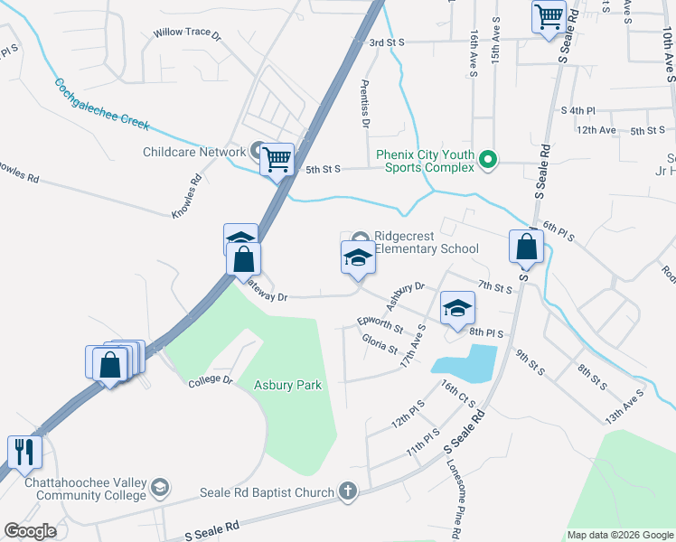 map of restaurants, bars, coffee shops, grocery stores, and more near 1909 8th Pl S in Phenix City