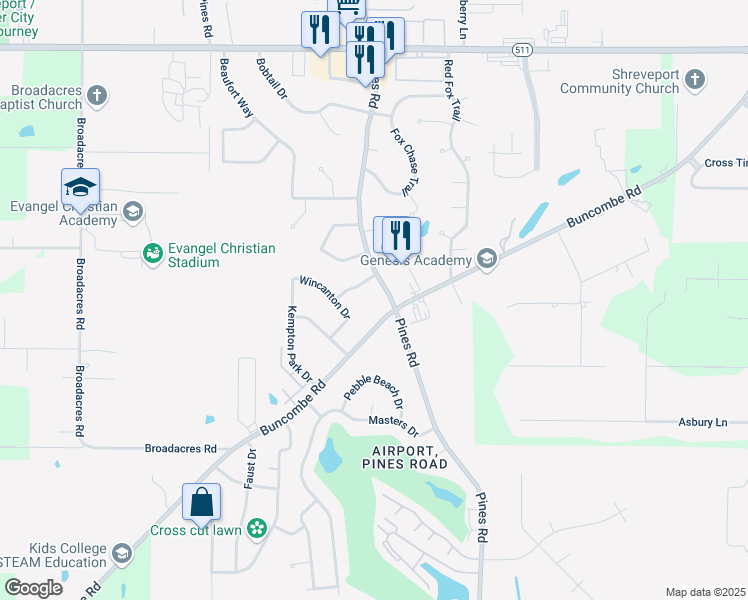 map of restaurants, bars, coffee shops, grocery stores, and more near 6124 Wincanton Drive in Shreveport