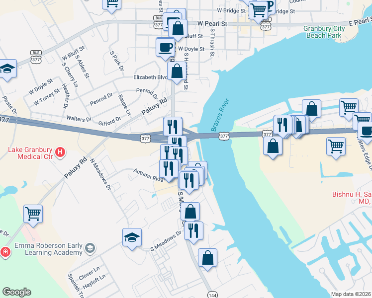 map of restaurants, bars, coffee shops, grocery stores, and more near 1101 White Cliff Rd in Granbury