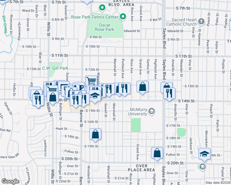 map of restaurants, bars, coffee shops, grocery stores, and more near 1349 Marshall Street in Abilene