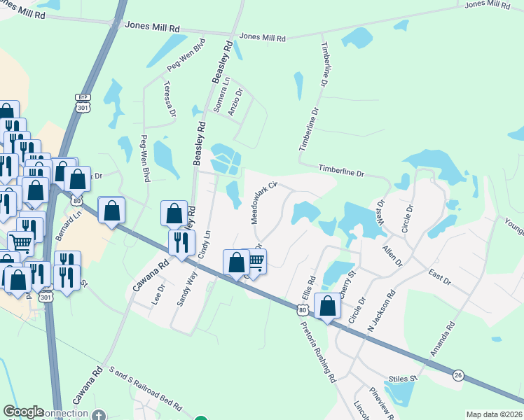 map of restaurants, bars, coffee shops, grocery stores, and more near 308 Meadowlark Cir in Statesboro