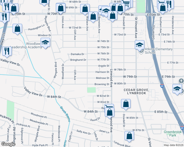 map of restaurants, bars, coffee shops, grocery stores, and more near 533 Harrison Street in Shreveport