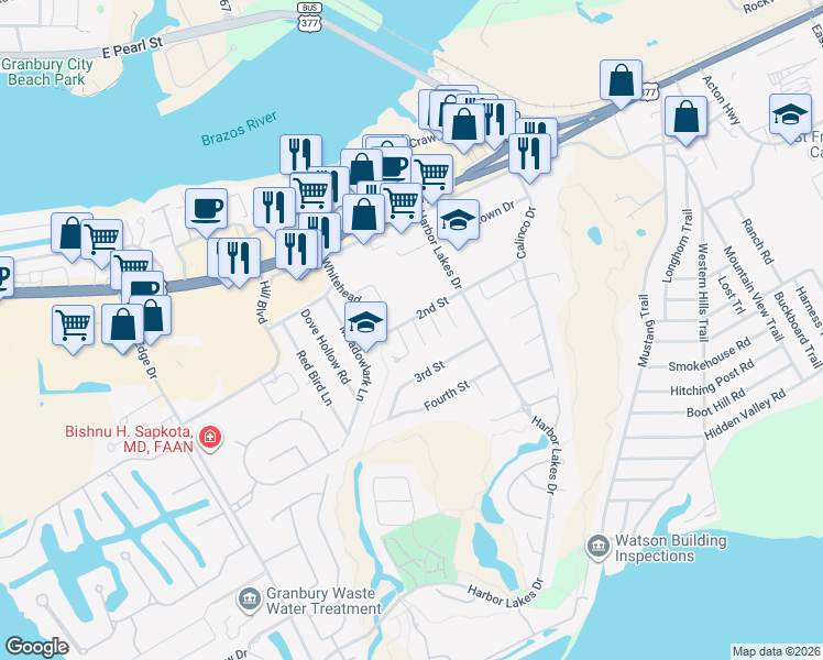 map of restaurants, bars, coffee shops, grocery stores, and more near 1004 Hayden Court in Granbury