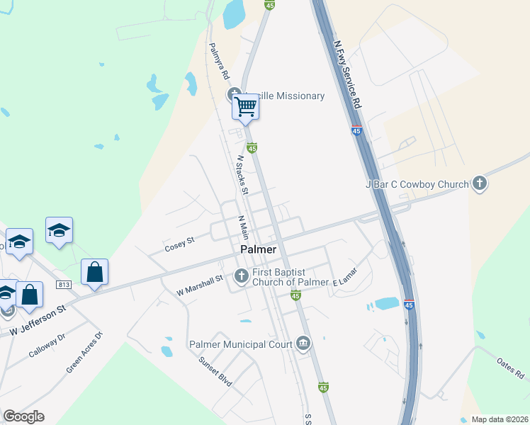 map of restaurants, bars, coffee shops, grocery stores, and more near 105 East Canton Street in Palmer