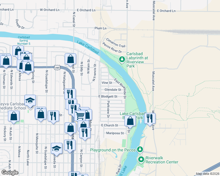 map of restaurants, bars, coffee shops, grocery stores, and more near 306 Glendale Street in Carlsbad
