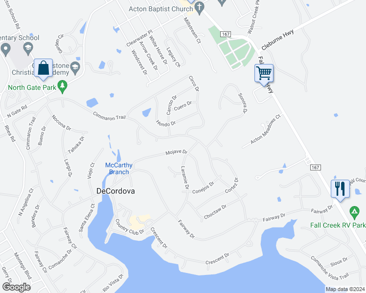 map of restaurants, bars, coffee shops, grocery stores, and more near 4202 Mojave Drive in Granbury