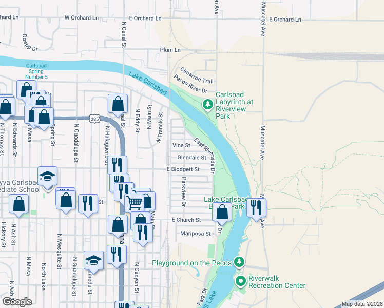 map of restaurants, bars, coffee shops, grocery stores, and more near 306 Glendale St in Carlsbad