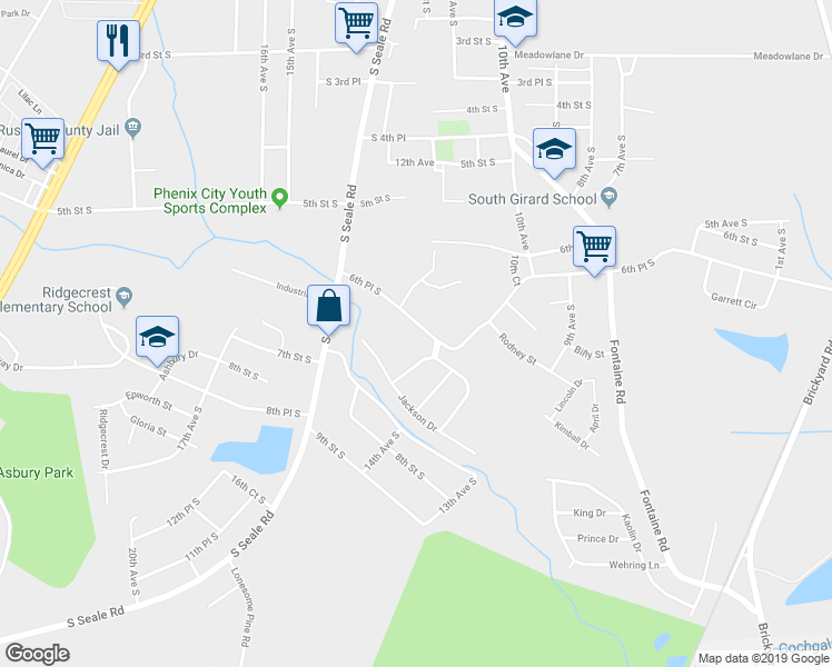 map of restaurants, bars, coffee shops, grocery stores, and more near 1301 6th Place South in Phenix City