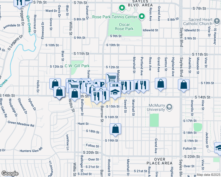map of restaurants, bars, coffee shops, grocery stores, and more near 1345 Barrow Street in Abilene