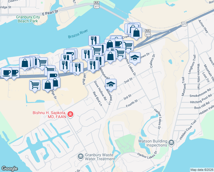 map of restaurants, bars, coffee shops, grocery stores, and more near 910 Meadowlark Lane in Granbury
