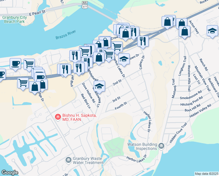 map of restaurants, bars, coffee shops, grocery stores, and more near 1001 Roberts Bend Court in Granbury