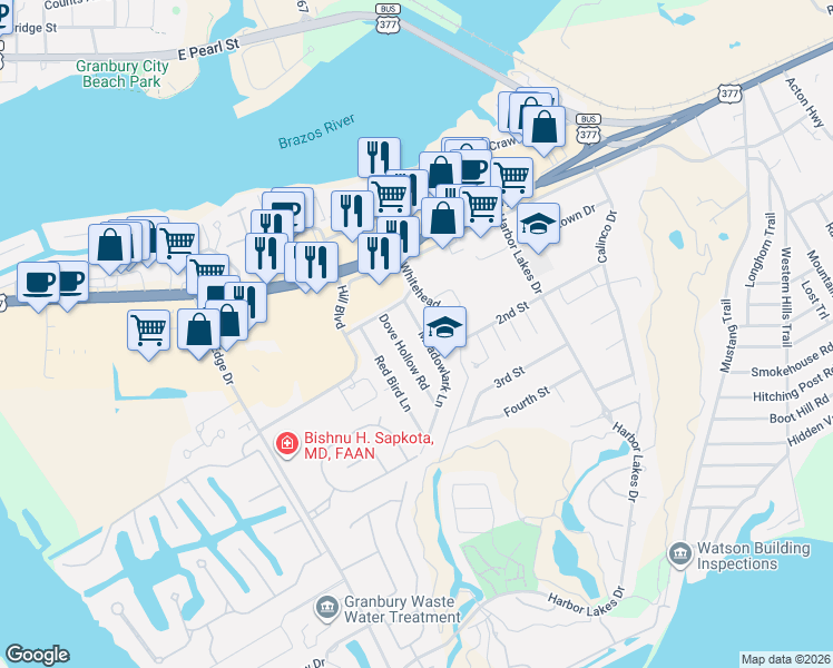 map of restaurants, bars, coffee shops, grocery stores, and more near 910 Meadowlark Lane in Granbury