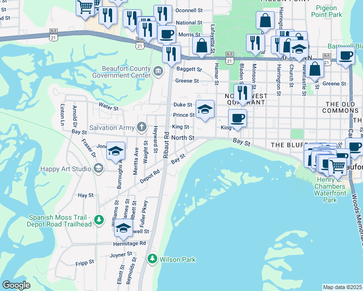 map of restaurants, bars, coffee shops, grocery stores, and more near 2101 Simms Street in Beaufort
