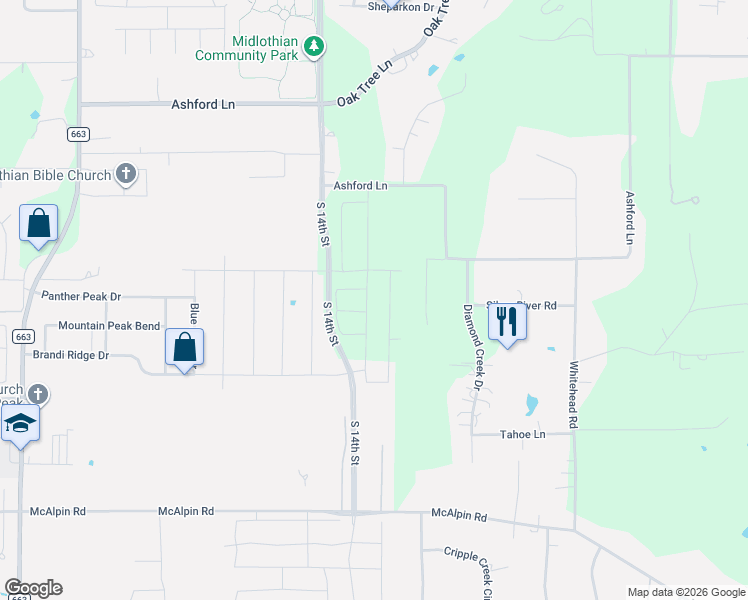 map of restaurants, bars, coffee shops, grocery stores, and more near 872 Ashford Lane in Midlothian
